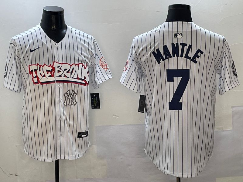 Men New York Yankees 7 Mantle White Stripe four generations Joint Name 2025 Nike MLB Jersey style 8